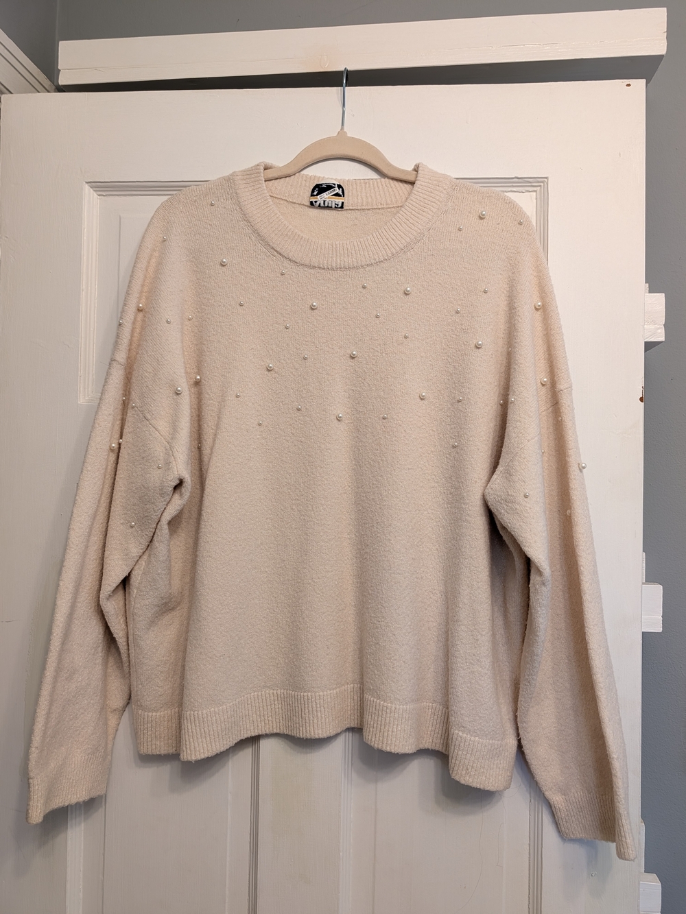 ARULA Cream Pearl-Accent Crewneck Sweater